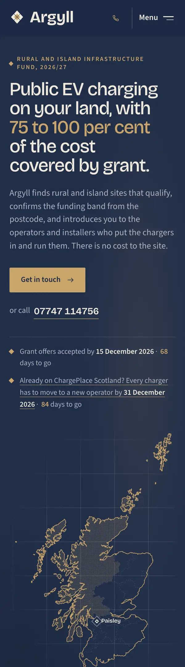 The top of the Argyll site's home page on a phone.